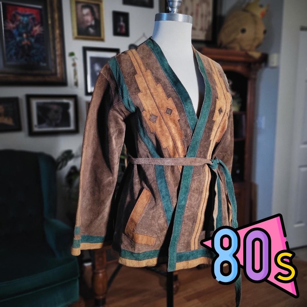Robinsons Pigskin Suede Jacket Vintage 80s Southwestern Belted Wrap Brown Boho